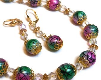 Necklace and earring set, handmade painted glass beads with Czech fire polished AB crystal and gold plate findings hand made