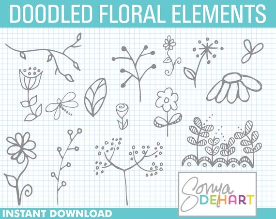 80% OFF Sale Clipart Doodle Floral Elements Sketched Flowers Hand Drawn Commercial Use Il_570xn
