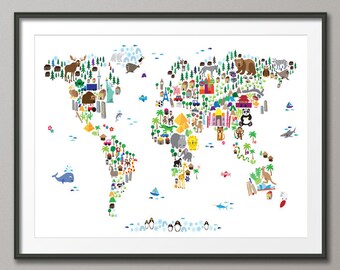 Animal Map of the World Map for children and kids, Art Print (61)