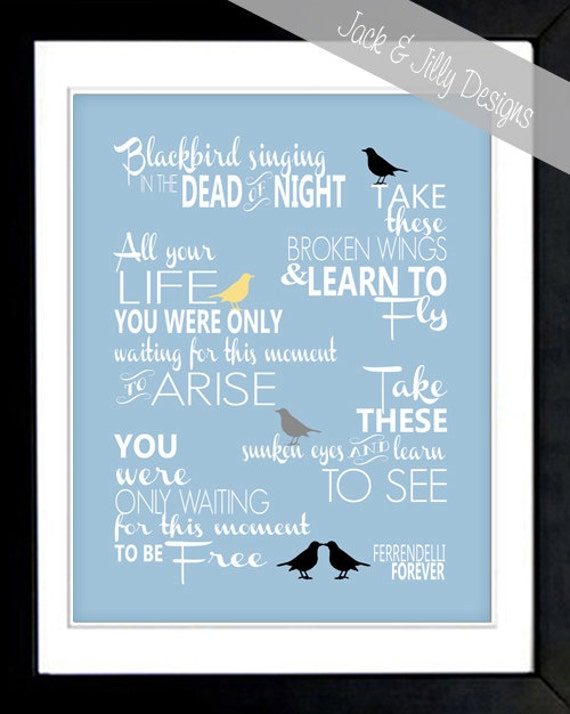 BEATLES BLACKBIRD SONG Lyrics Print 8x10 by JackandJillyDesigns