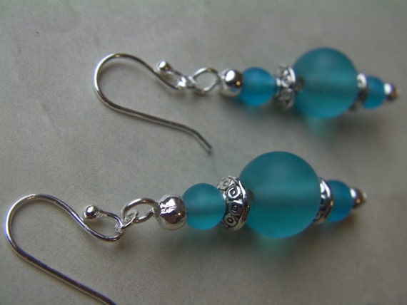 Frosted Glass Teal Dangles, Aqua, Turquoise Color, Bright Silver, Delicate, Resort, Artistic Sparkle, Handcrafted Earrings, OOAK, lacwe