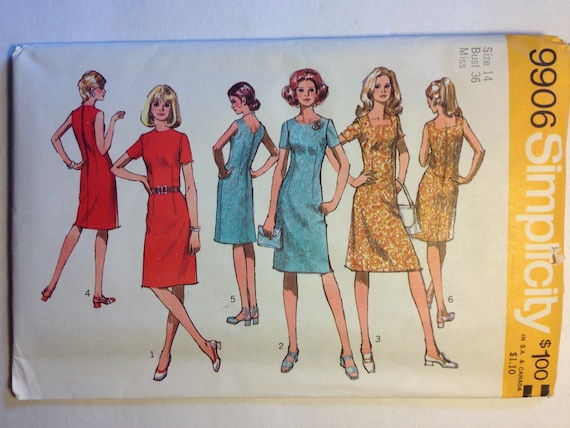 Simplicity 70s Sewing Pattern 9906 Misses and Womens Dress with Three Necklines Size 14 Sale