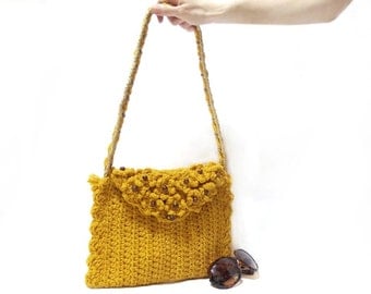 Crochet Bag, Handmade crochet handbag, Mustard crochet tote bag, Flowery handbag, Useful handbag, Pouch