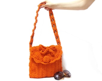 Crochet Bag, Orange, Crochet tote bag, Free Shipping, Crochet handbag, Tablet bag, Messenger, Midi handbag, Pouch, Stylish handbag