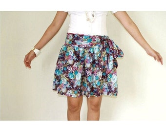 Purple Floral Mini Skirt Screenprinted Cotton with Sash Belt