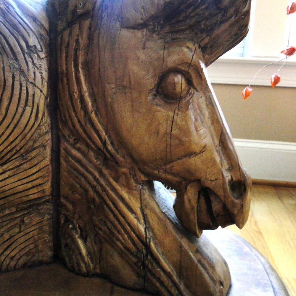 Vintage Wood Table Hand Carved 3 Horse Head Wooden Detailed