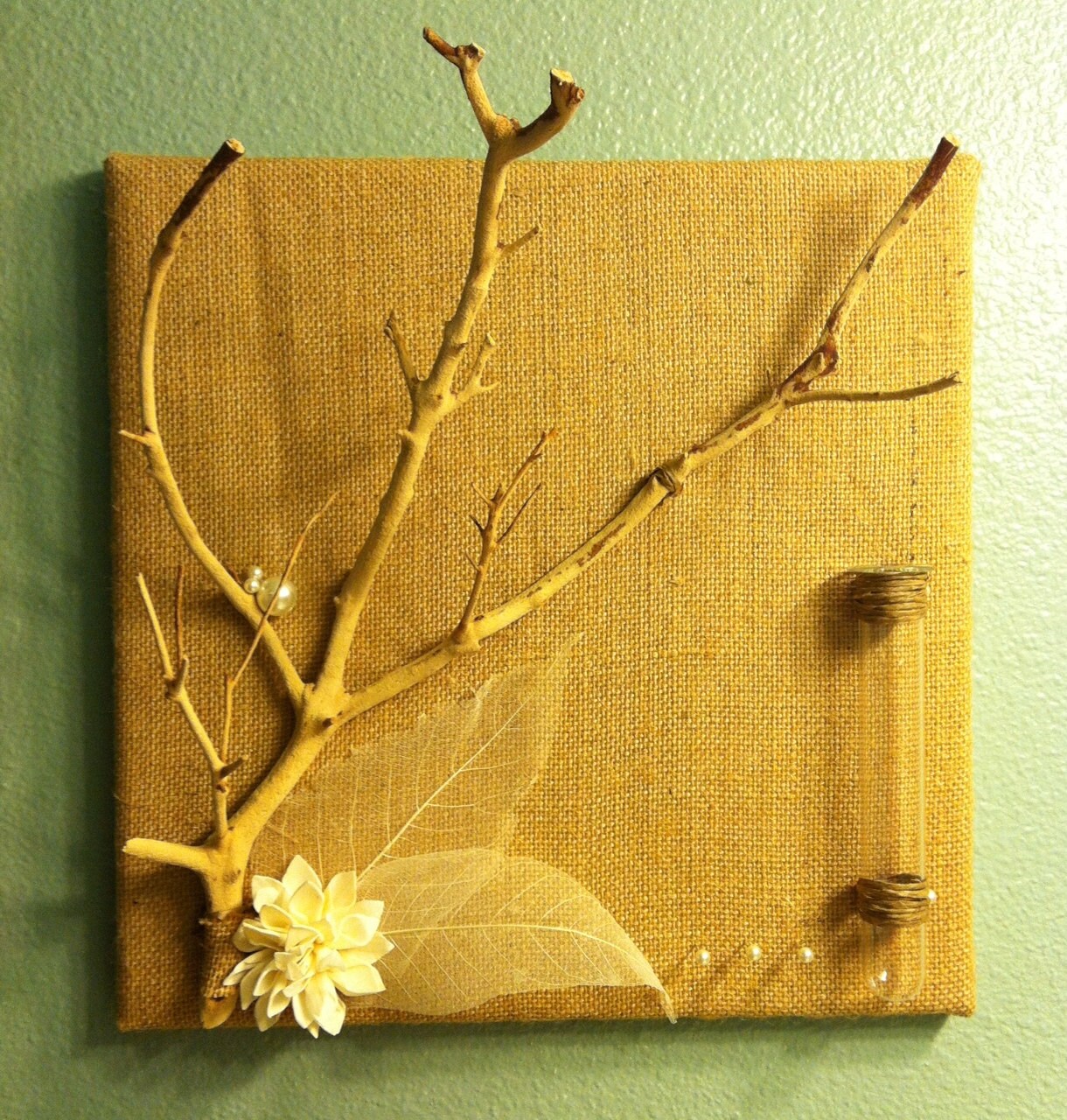 Burlap and Branch Jewelry Display with Bud Vase