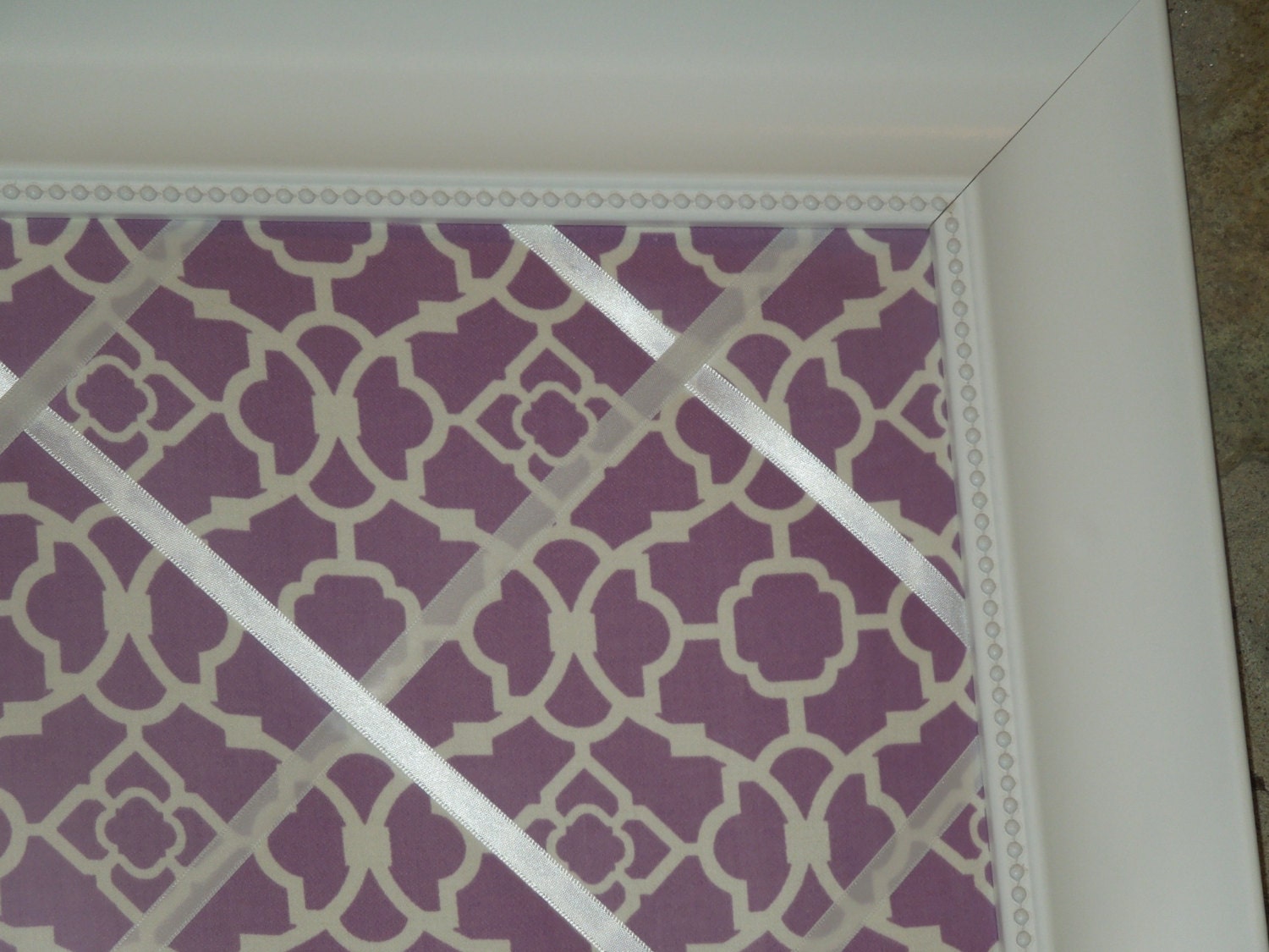 Framed fabric memo board 16x20 Purple and white fabric with