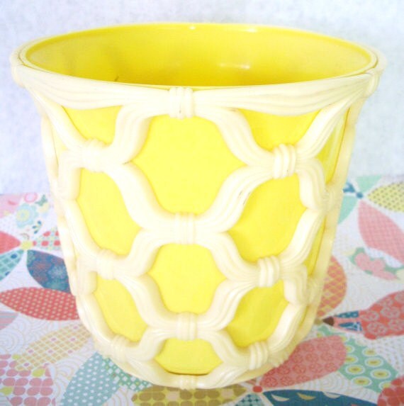 Vintage Lemon Yellow plastic planter pot with cream colored