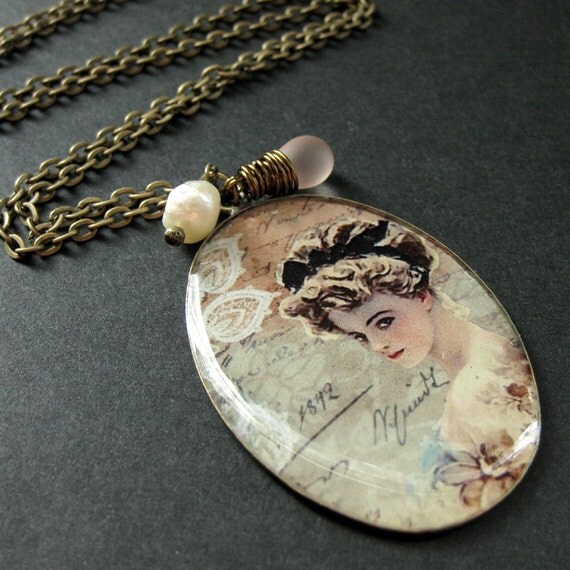 Beautiful Victorian Lady Necklace. Vintage Woman Pendant with