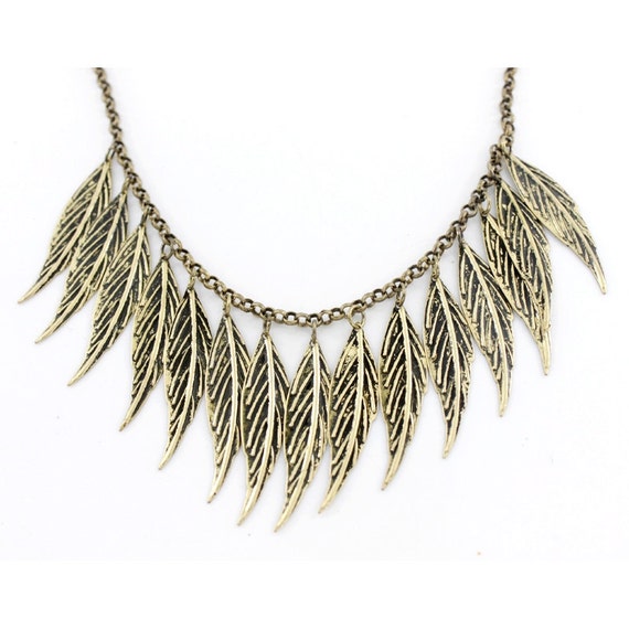 Gold tone Multiple Leaf Drop Down Necklace by JuliesJewelryStore