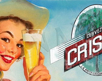 Cristal Cuban Beer Cerveza Vintage Style Pinup Girl Art Print Poster