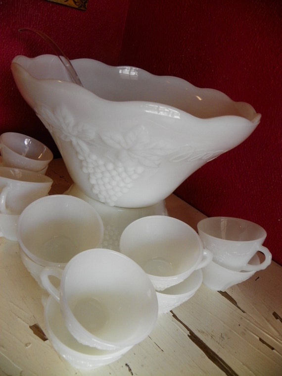 Vintage Punch Bowl set with 12 cups Milk Glass Grape by hippiehog