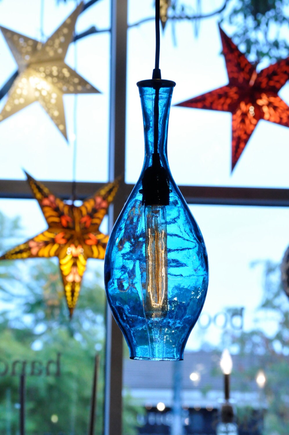 Recycled Bottle Lamp Hanging Pendant Vintage Beach Glass Light