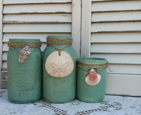 Beach Green Mason Jars w/Shells and Sand by ReFeatherYourNest