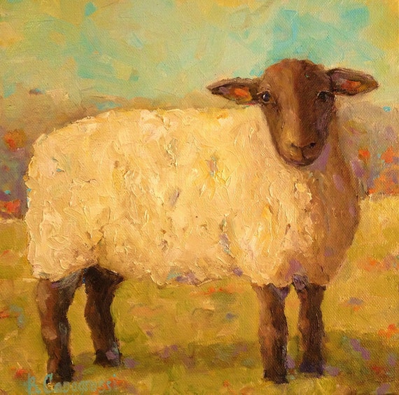 ORIGINAL Oil PAINTING Happy Sheep Farm Grazing by BethCapogrossi