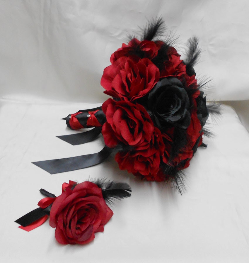 Wedding Bridal Bouquet Your Colors 2 piece Red Black Rose