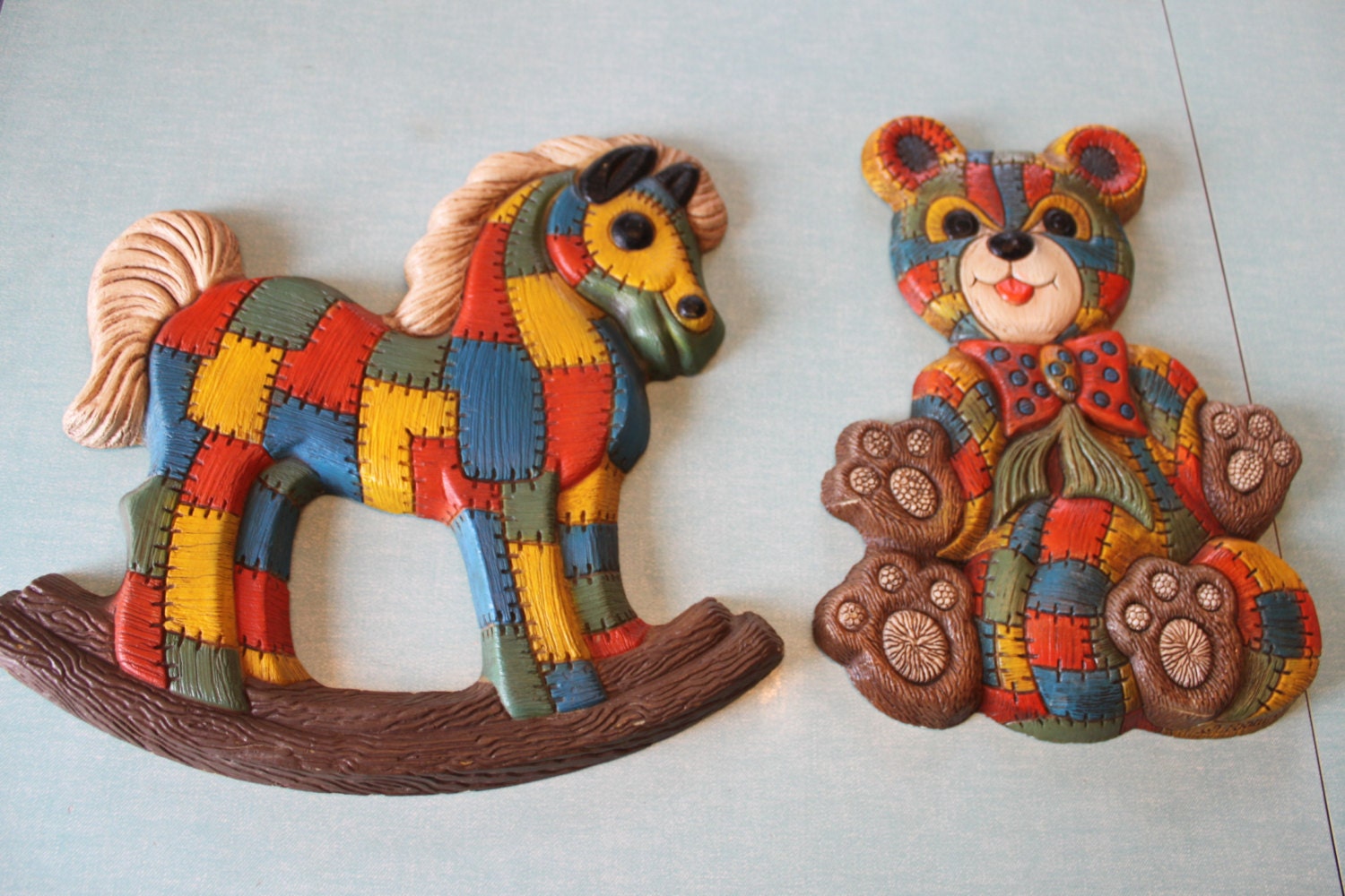 Download Patchwork vintage Rocking horse and teddy Bear Pair of Wall