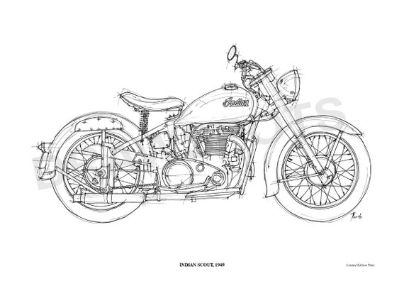 INDIAN SCOUT 1949 Original Handmade Drawing Print 11.5x16