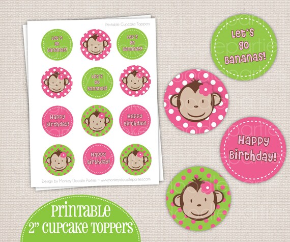 Girl's Mod Monkey Birthday Party Printable (DIY) Cupcake Toppers Il_570xn