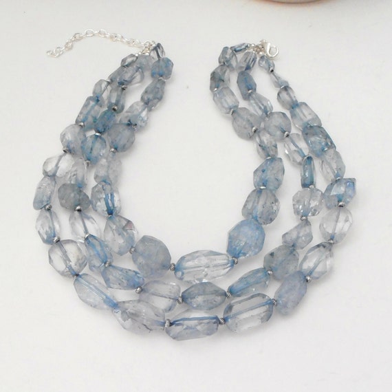 Statement Necklace Chunky Blue Quartz Crystal Multi Strand