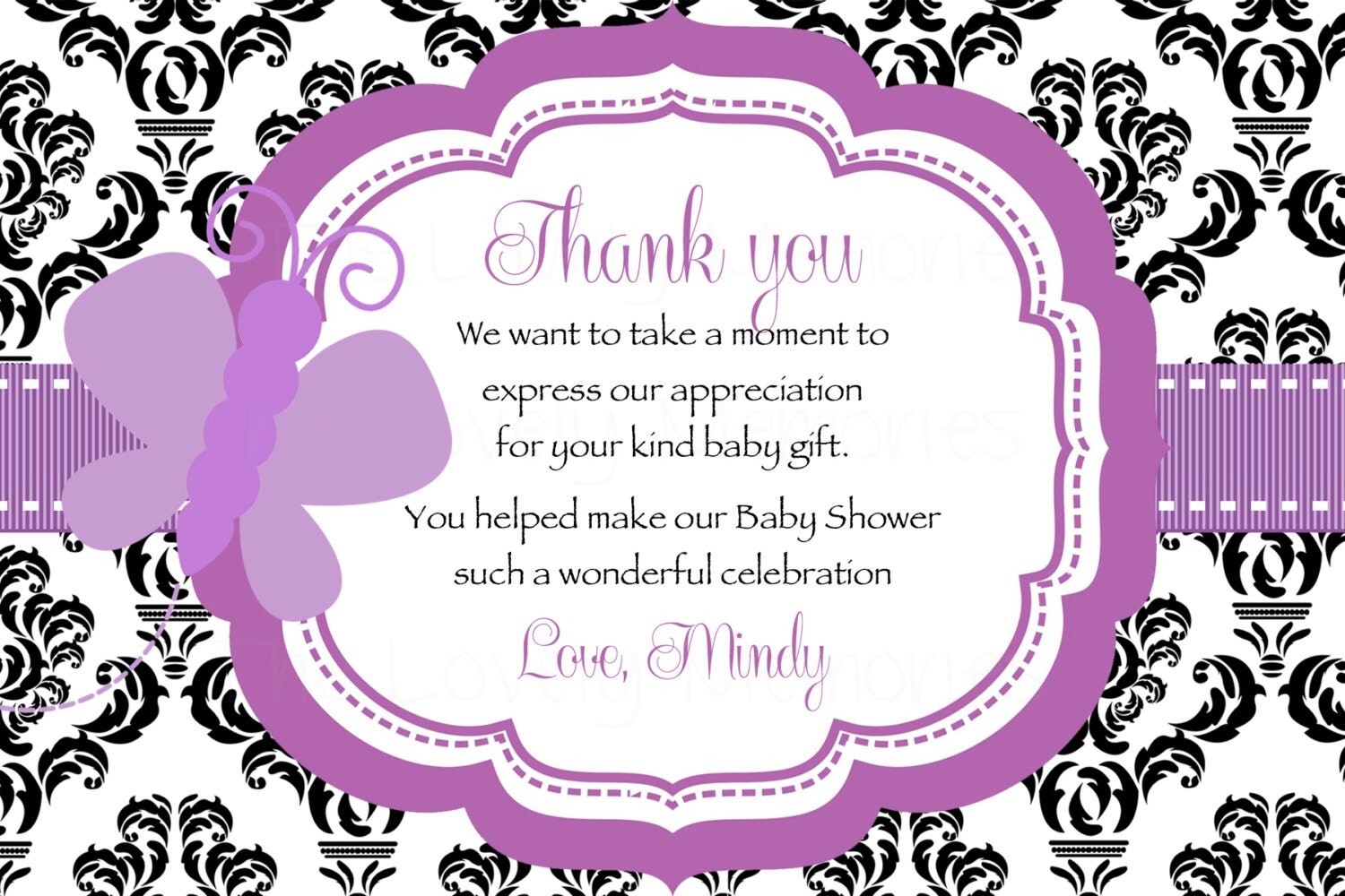 Damask Purple Butterfly Baby Shower Thank you Card Printable