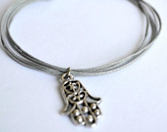 Hamsa Bracelet, cord bracelet, hamsa charm, gray string, Judaism bracelet, jewish jewelry, from Israel, gift for her, hand of Fatima, dainty