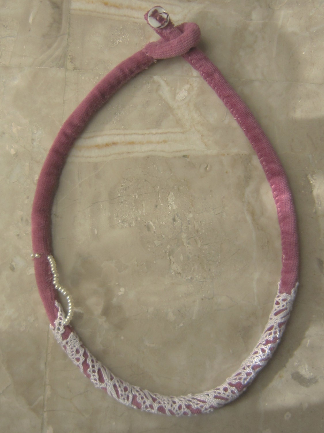 Suede dark pink Necklace cord lace perl ivory button by jOanTree