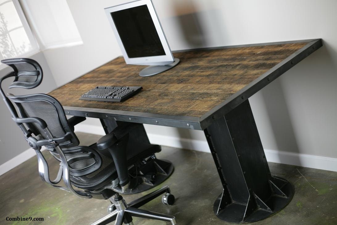 Industrial Desk. Vintage Style Table. Reclaimed Wood and Steel