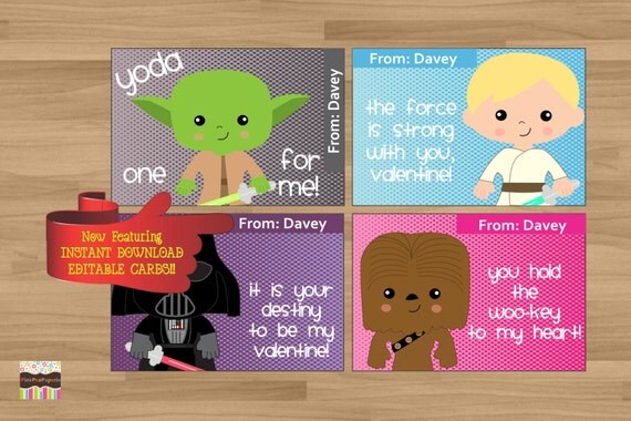 INSTANT DOWNLOAD - EDITABLE - Printable Personalized Kids Valentine's Day Cards with Star Wars Pals - 4 card set Il_570xn