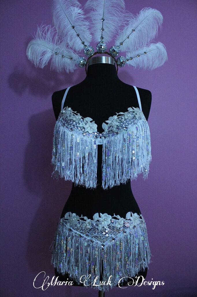 Sexy white Vegas Showgirl costume with ostrich feather