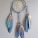 Denim Suede Dream Catcher with Blue Macaw Parrot Feathers