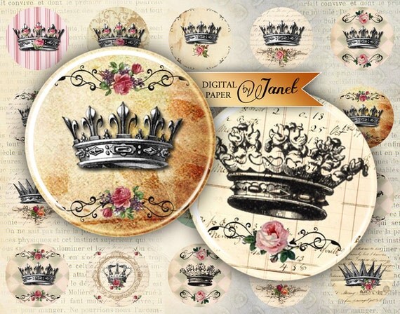 Crowns - circles image - digital collage sheet - 1 x 1 inch - Printable Download