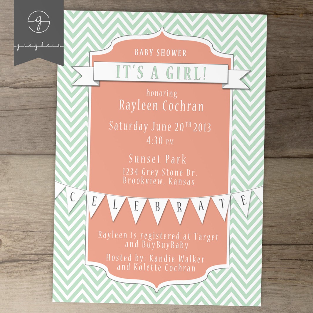 Baby Shower Invitations / Mint Coral Chevron / DIY Printable