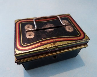 ANTIQUE TIN TRUNK is really a bank -- Made in England