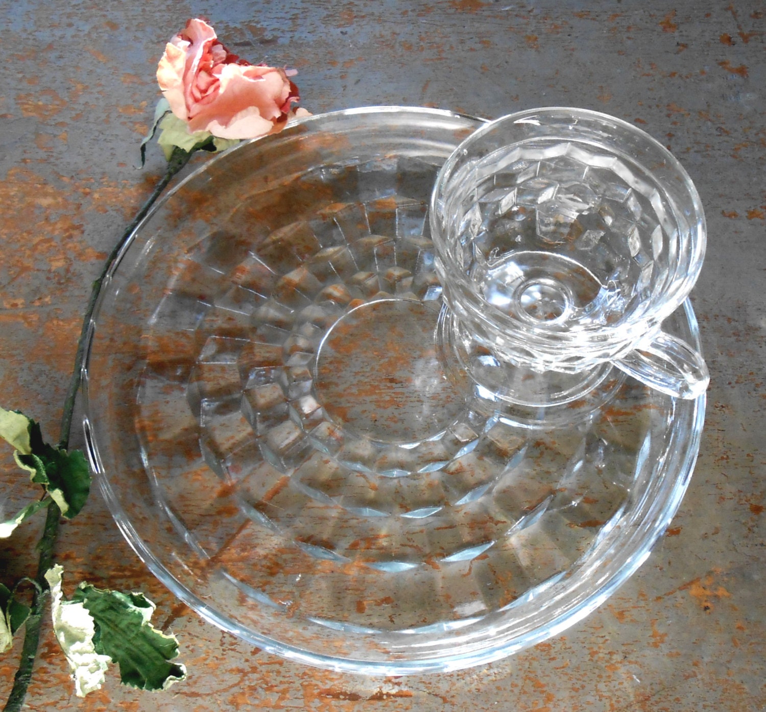 Vintage Snack Set Clear Glass White Hall Plates Cups