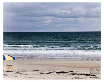 Beach Umbrella Yellow and Blue at Seashore Peaceful - Fine Art Photograph Print Picture