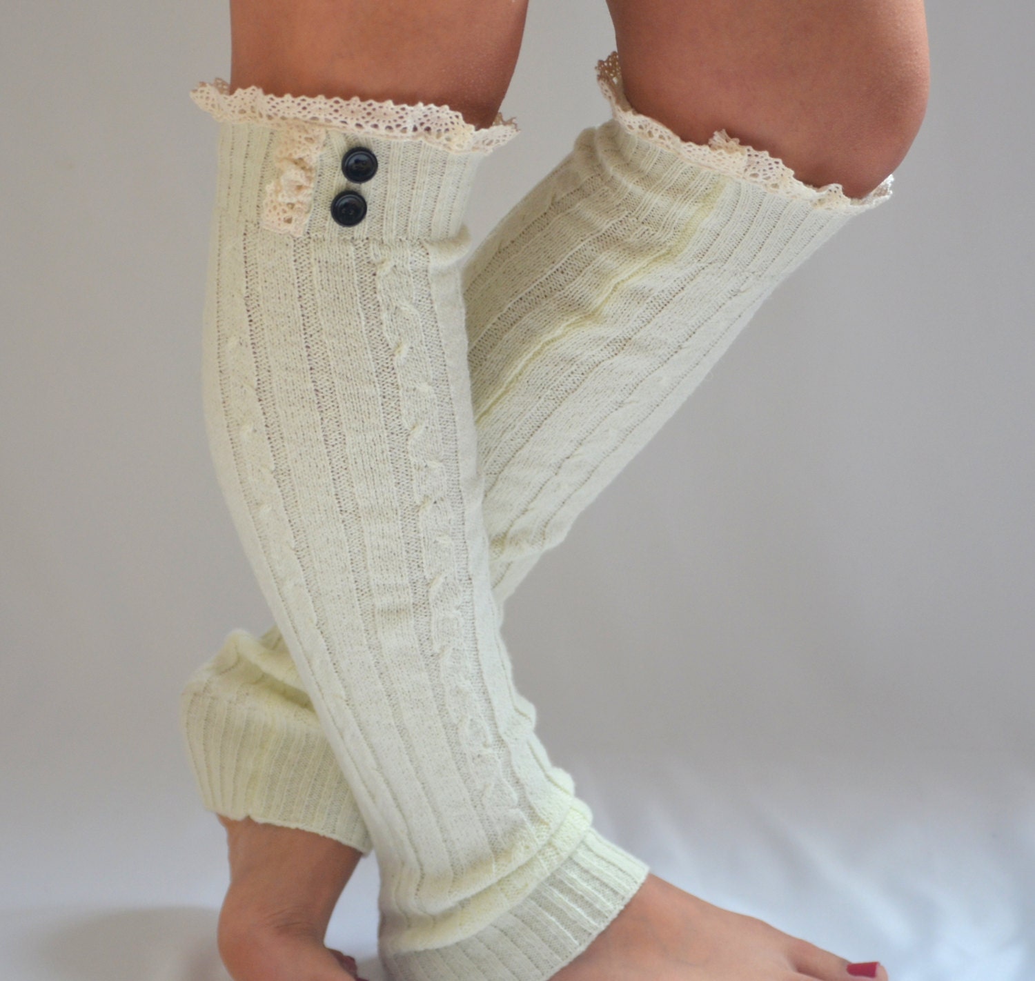 Cable knit ivory leg warmers with lace and buttons by bstyle