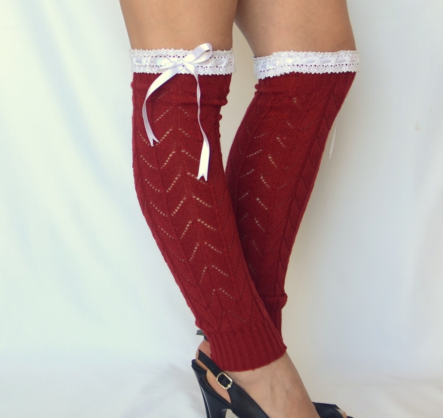 BS5500 Red leg warmers with lace and ribbon over the by bstyle