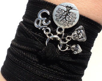 Tree of Life Om Silk Wrap Bracelet Buddha Zen Yoga Jewelry Meditation Namaste Black Unique Gift For Her or Him Under 50 Item Y1