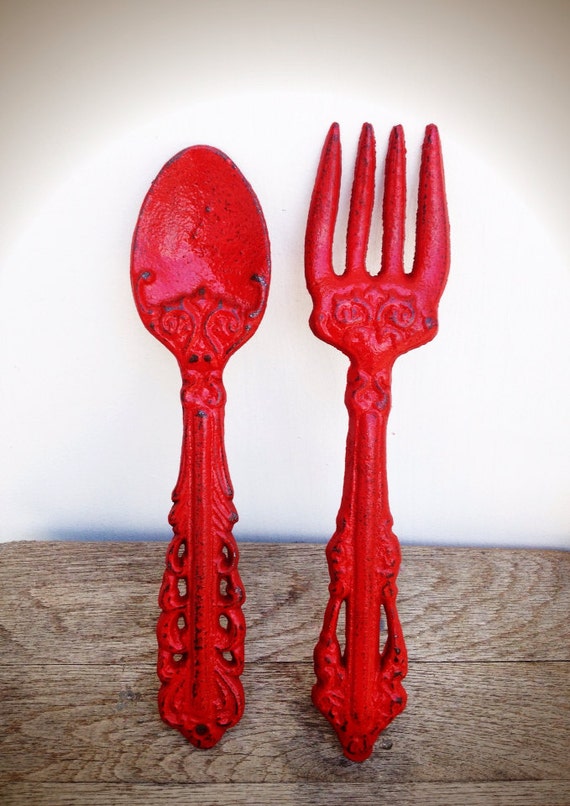 BOLD cherry apple red  KITCHEN  wall  decor  ornate fork and