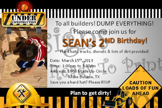 Photo Invitation - Construction Themed - 4 x 6 or 5x7- Personalized - DIY Printable Party Decorations Il_570xn