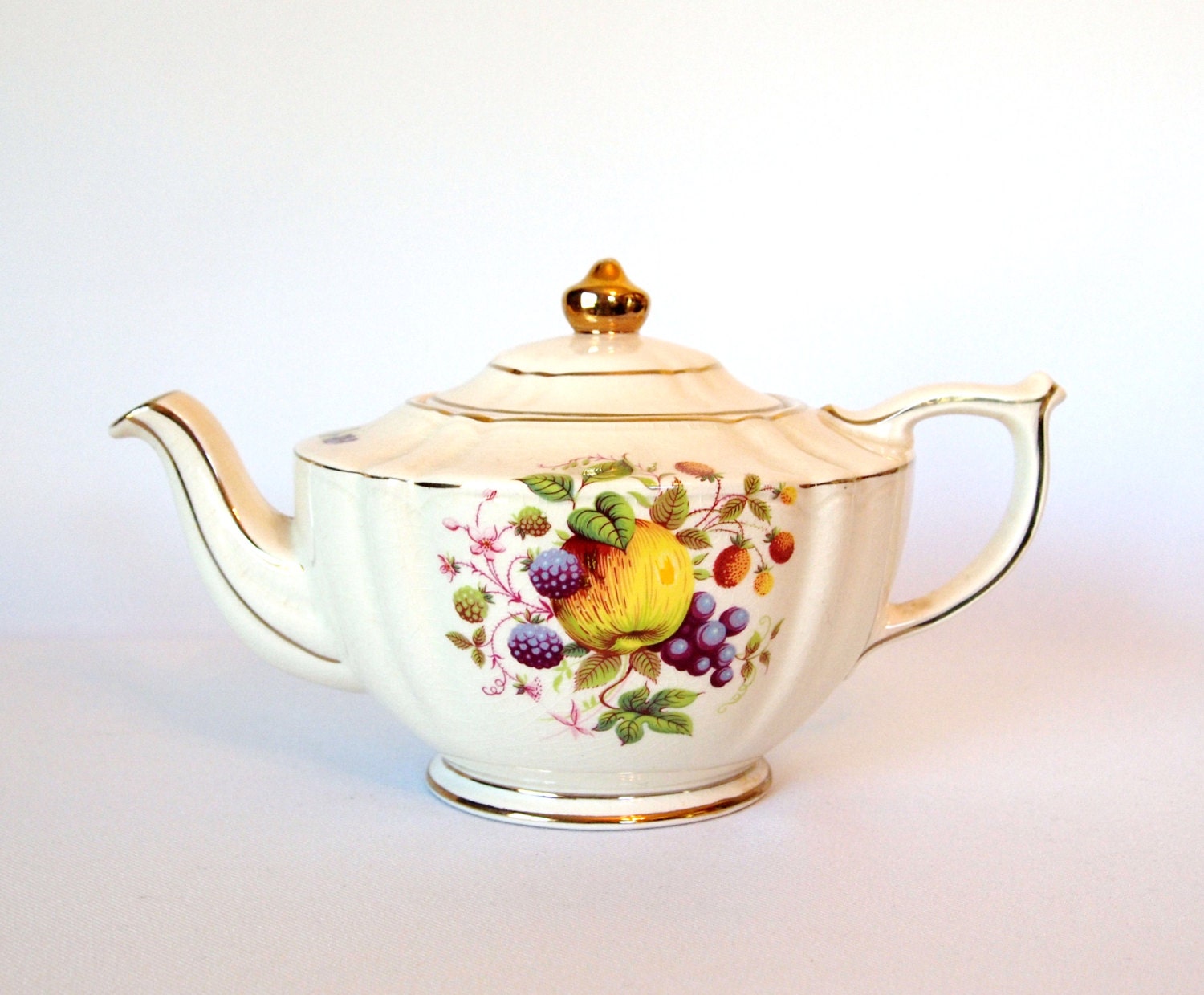 Vintage James Sadler Teapot With Fruit Design And Gold Trim