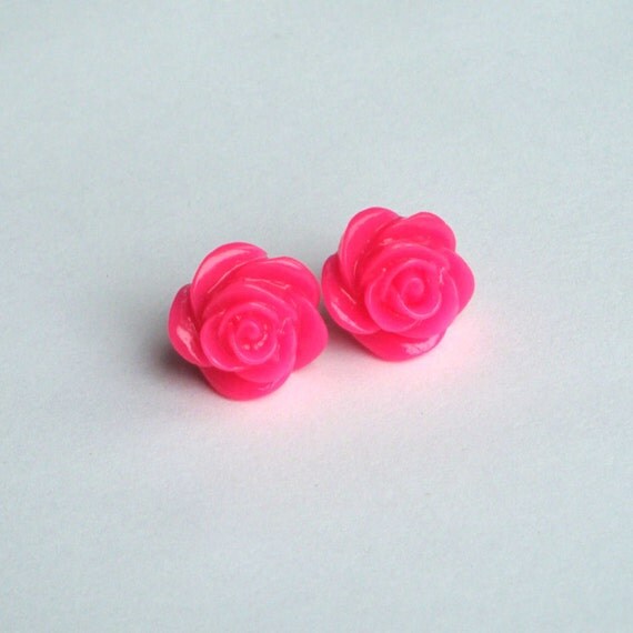 Neon Hot Pink Rose Cabochon Stud Earrings Fluorescent Pink