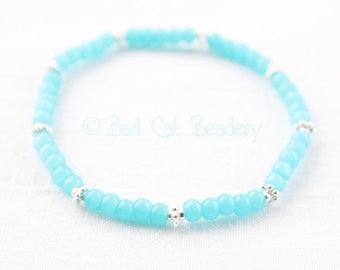Light Aqua Blue Glass Bead Stretch Bead Bracelet Spring Summer