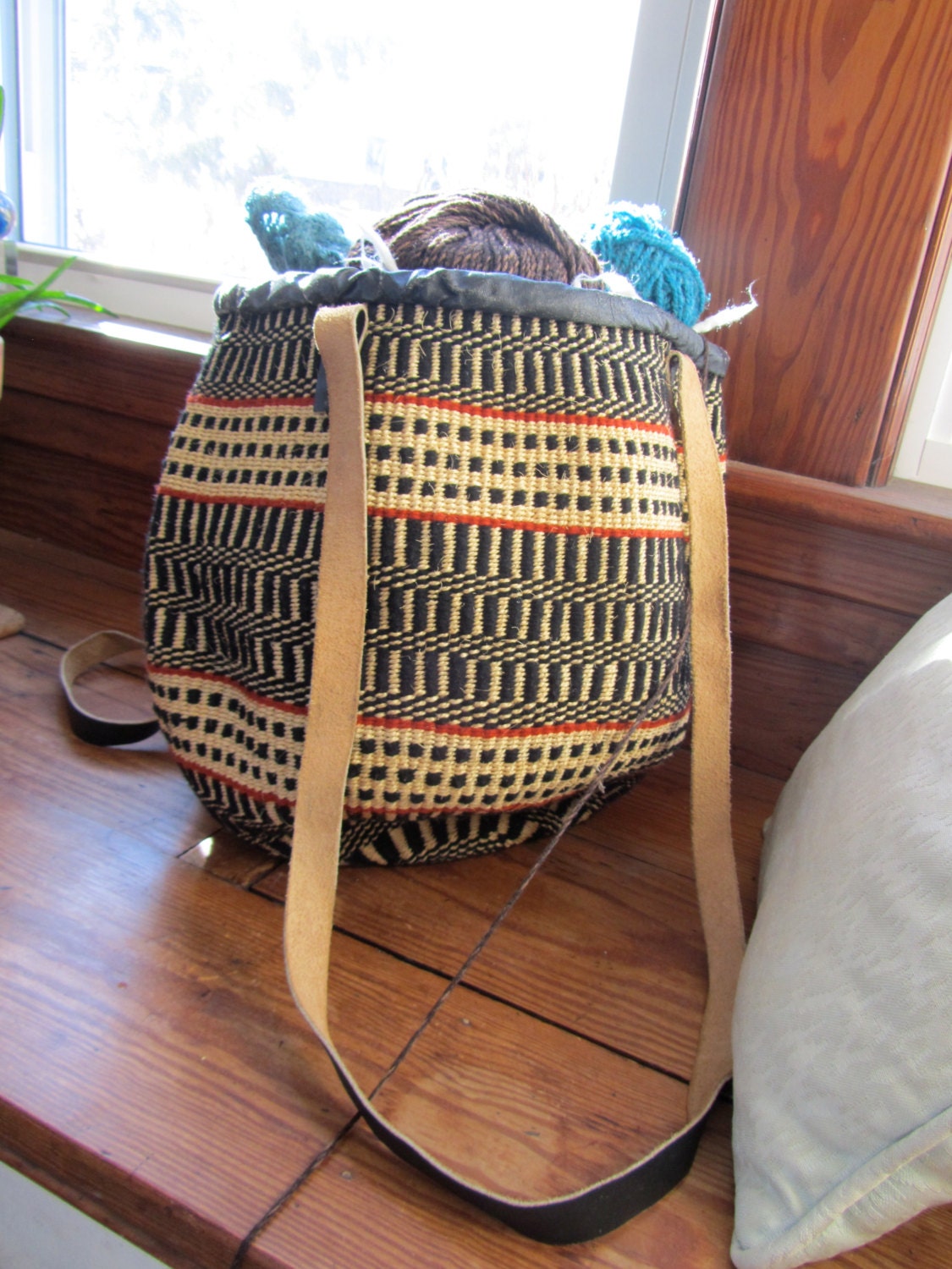 Large Vintage Sisal Jute Market Tote Bag with Leather Top and