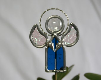 Stained Glass Denim Blue Boy Angel Plant Stake, Garden Art, Male Angel