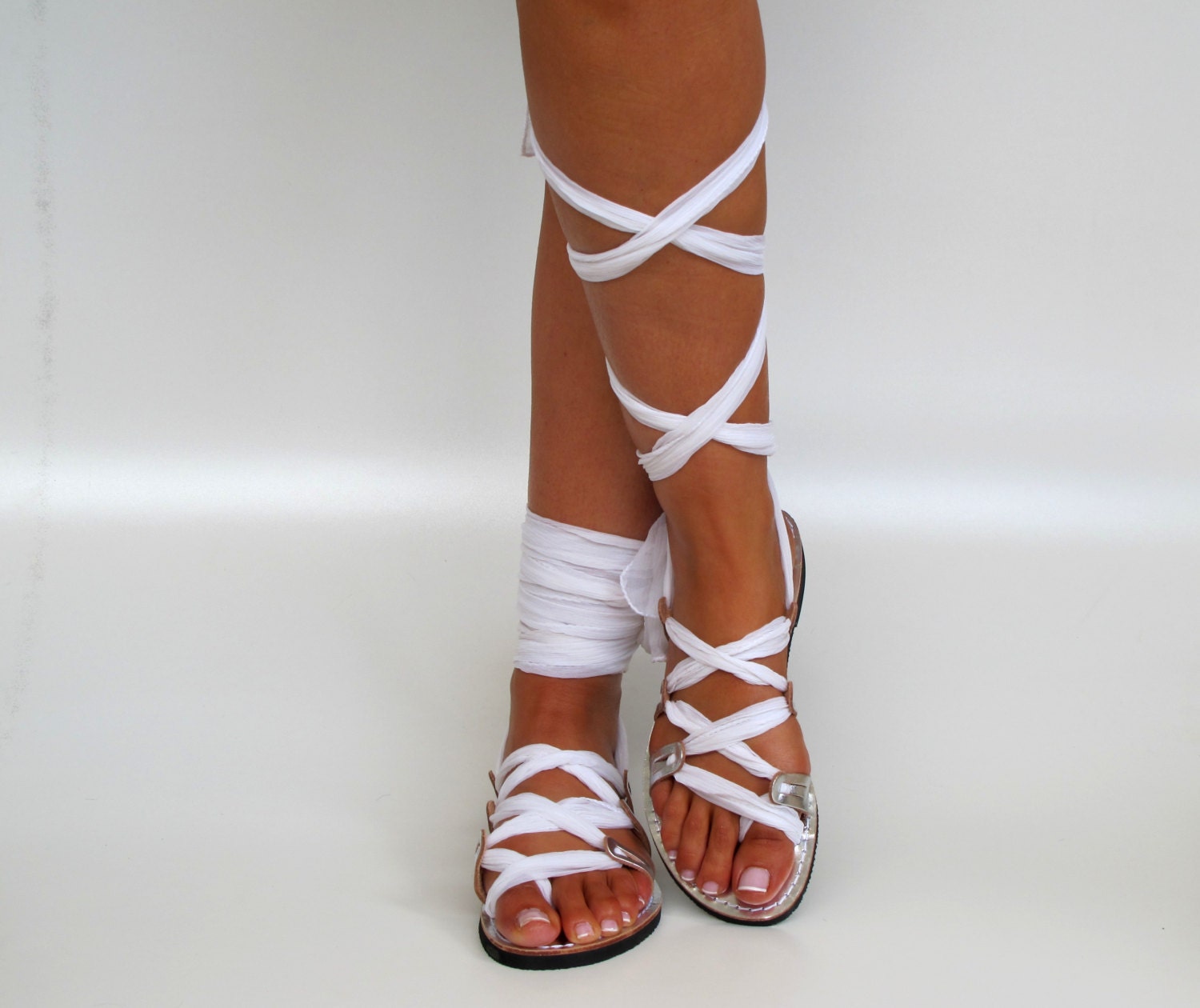 White Lace up Leather Sandals Unique design with silk scarf