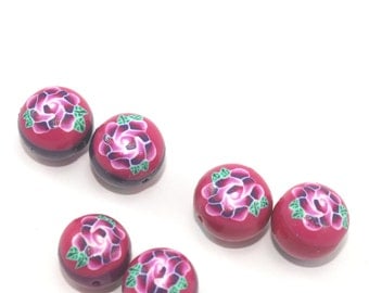 Polymer clay rose beads, round pressed beads in pinks and purple, set of 6 elegant beads