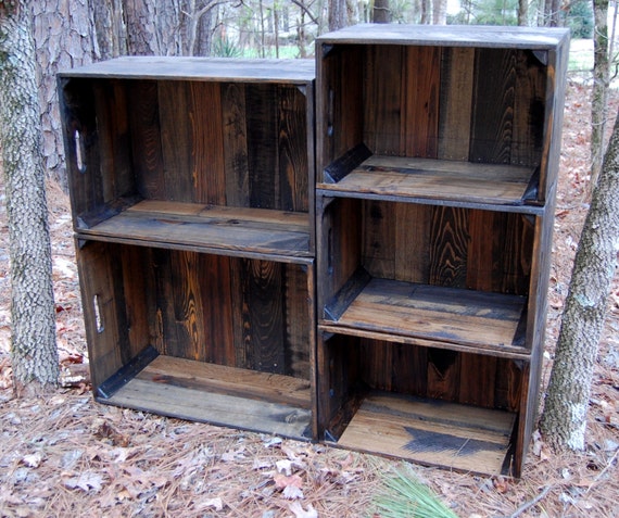 Set of Dark Walnut Wooden Crates / Wall Unit/ Bookshelf / Apples 